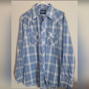 Wrangler Western Shirts Blue & White Plaid Pearly White Snaps Size Large Tall
